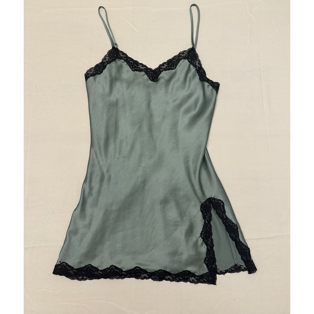Victoria's Secret Satin Lace-Trim Mini Slip Dress XS Gray/Green Vintage Y2K